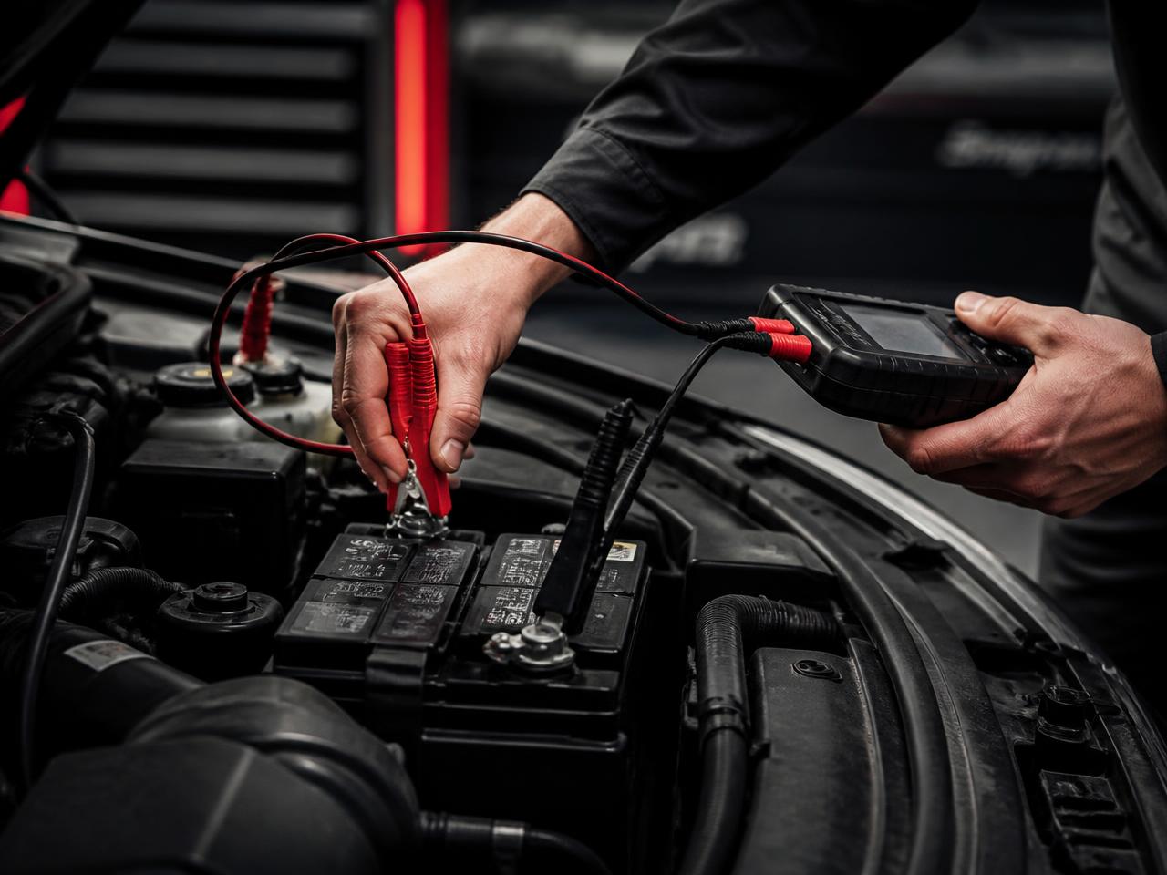 Technician testing a car battery with a diagnostic tool in an engine bay