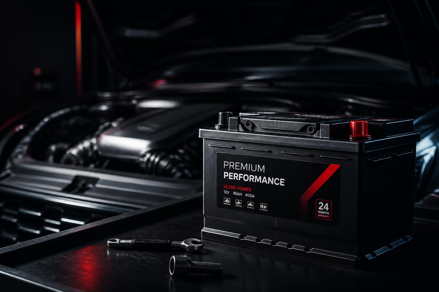 Modern car battery on a workshop surface in front of a car engine bay